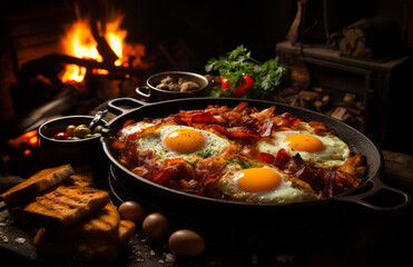 Bacon and eggs atop skillet next to campfire. A pan filled with eggs and bacon next to a fire