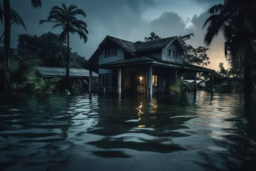 Fotobehang A severe tropical storm with heavy rainfall caused a major flooding, and the floodwaters inundated houses. The inclement weather resulted in the flooding.  © Boraryn