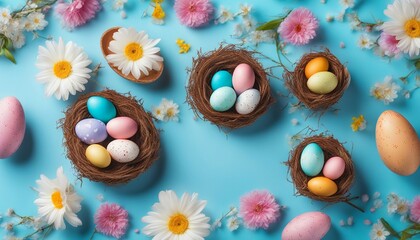 Easter russian cake and colorful eggs in nest, flower on blue background. Happy easter poster and banner for greeting text. Top view - Powered by Adobe