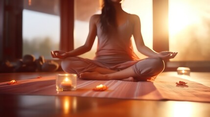 Solitude and meditation surrounded by aromatic candles. Aromatherapy. A young woman meditates in the lotus position in a spacious yoga studio in nature. - obrazy, fototapety, plakaty