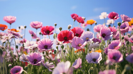 Obraz na płótnie Canvas Poppy field with pink and white poppies on a sunny day