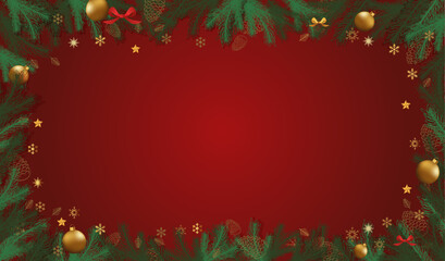 Naklejka na ściany i meble vector Christmas red background with a frame of green Christmas tree branches and snowflakes. christmas red banner template