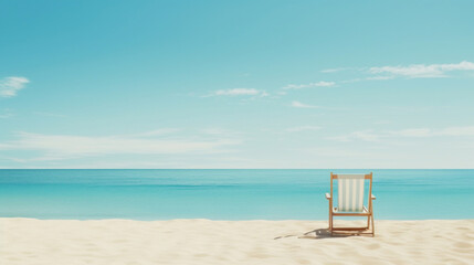 Wooden deck chair on sandy beach with blue sea and sky background