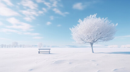 Winter landscape with bench and trees covered with hoarfrost.