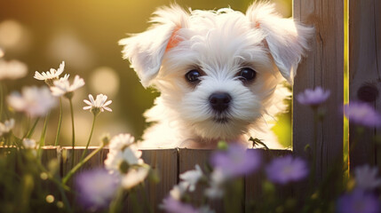 Cute Maltese puppy sitting in the grass with daisies