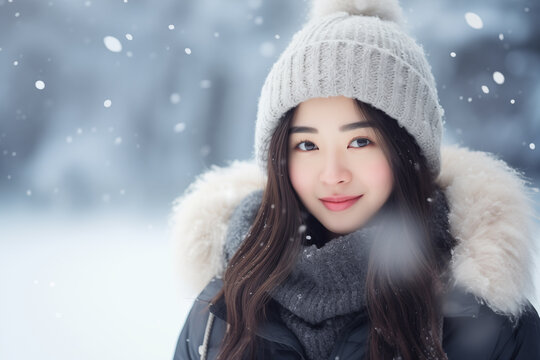 Portrait of a cheerful beautiful young woman in warm clothes. Outdoor. Winter snowing weather. Smiling and calm. Long curly hair. Urban snowing winter beauty fashion concept. Generative Ai content