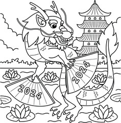Year of the Dragon with 2024 Fans Coloring Page 