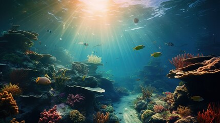 Fototapeta na wymiar A mesmerizing underwater scene with realistic marine life, coral reefs, and sunlight streaming through the water's surface