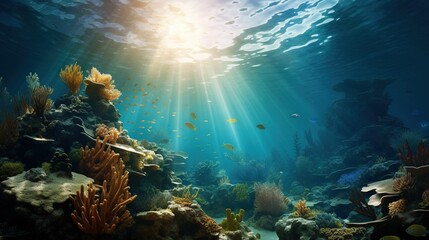 A mesmerizing underwater scene with realistic marine life, coral reefs, and sunlight streaming through the water's surface