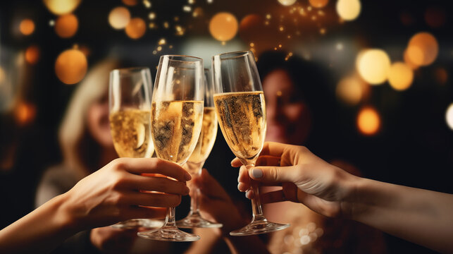 Friends celebrating Christmas or New Year eve party with Bengal lights and champagne, Friends raise glasses of champagne at a party, Celebration concept, generative ai