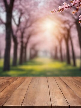 spring flowers on wooden background,Empty wooden table in pink flower Park with garden bokeh backgraound with a country outdoor theme, Template mock up for display of product