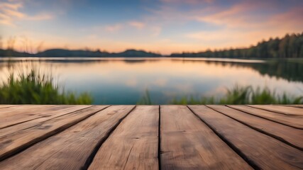 the empty wooden table top with blur background of lake,display product