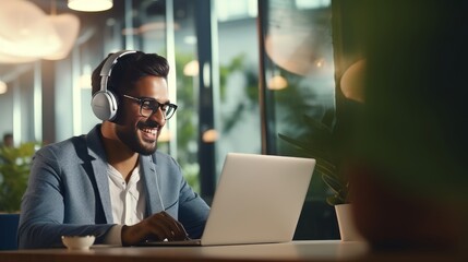 Young indian business man employee or executive manager wearing headphones sitting at workplace using mobile phone listening to business podcast or remote chatting by virtual call working in office