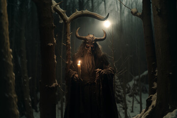 Krampusnacht ou Krampus Night, nuit du 4 au 5 décembre, avant la St Nicolas, en Europe, Krampus monstre « mi-chèvre, mi-démon » avec des cornes qui punit les enfants pas sages,  dans la forêt