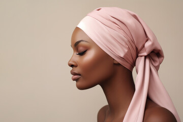 Serene woman with elegant pink headscarf.
