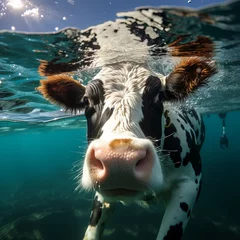 Foto op Plexiglas A cow swims in scuba gear underwater. cute illustration of animal and sea. Cattle and beautiful azure water. Banner with copy space © Marynkka_muis