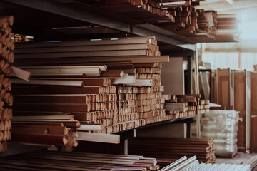 A vast warehouse in the forestry industry, showcasing a plethora of wooden products, including...