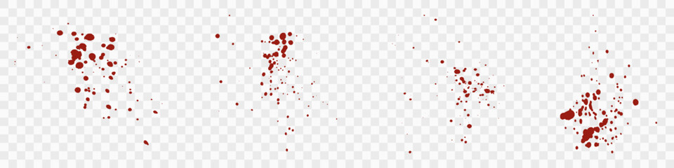 Red Bloodstain Splatter Set on Transparent Background. Blood Spatter. Drop Splat Collection. Messy Splash. Grunge Pattern. Paint Stain Texture. Abstract Design Element. Isolated Vector Illustration - obrazy, fototapety, plakaty