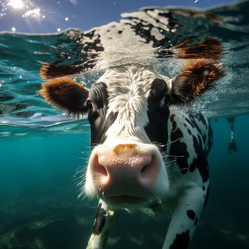 A cow swims in scuba gear underwater. cute illustration of animal and sea. Cattle and beautiful azure water. Banner with copy space