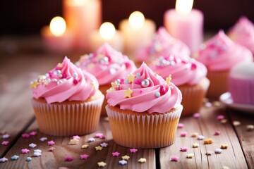 tasty birthday cupcakes with sprinkles on wooden talbe