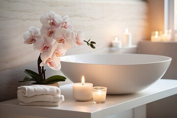 Obraz na płótnie Canvas Elegant white bathroom interior with modern vessel sink, rose and candles. Romantic zen Atmosphere, Burning Scented Candles and rose