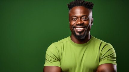 Confident African American man with a vibrant smile and crossed arms wearing a lime green polo shirt against a matching green background