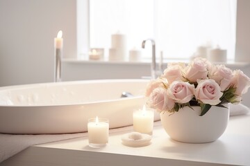 Elegant white bathroom interior with modern vessel sink, rose and candles. Romantic zen Atmosphere, Burning Scented Candles and rose