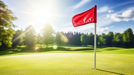 Putting green with a red flag at a golf course on a summer day