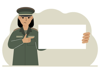 A woman in a military uniform is holding a large white sheet of paper that could be a place for text. Vector