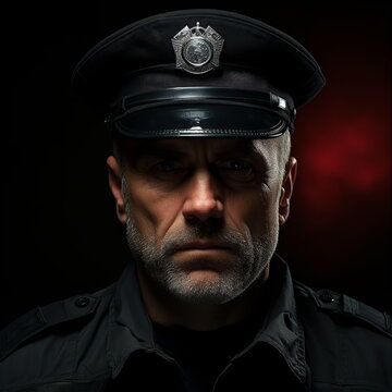 Portrait of police officer in black uniform and cap. Working in law enforcement agencies concept. AI generated