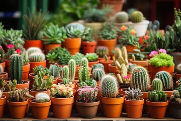 Fototapeta na wymiar Gardening shop, Collection of various cactus plants in different pots. variety of small different cactus in pots on market stall