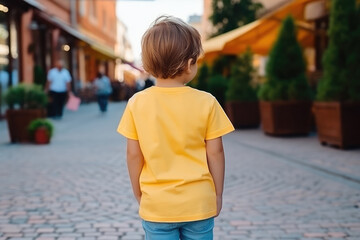 Obraz premium Little Boy In Yellow Tshirt On The Street, Back View, Mockup