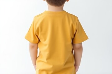 Little Boy In Yellow Tshirt On White Background, Back View, Mockup