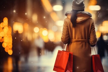 woman with shopping bags in the city at christmas time