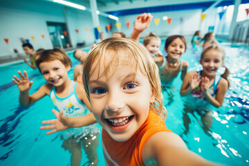 Diverse young children enjoying swimming lessons in pool, learning water safety skills, showing joy and camaraderie, representing a healthy lifestyle.