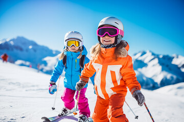 Skiing, winter, snow, sun and fun - portrait of kids having fun. Child skiing in the mountains. Vacation and outdoor snow fun.	
 - obrazy, fototapety, plakaty