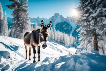 winter donkey in mountain