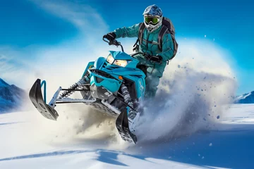 Fotobehang Snowmobile riding with fun in deep snow powder. Extreme sport adventure, outdoor activity during winter holiday on ski mountain resort © Katynn