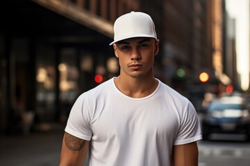 Male Latin Model Wearing White Tshirt And Cap On City Street Photorealism