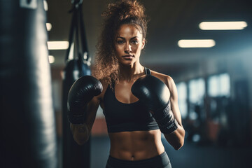 Fototapeta premium Focused female boxer in gym. Concept of determination and strength.
