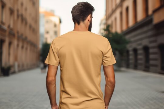 Man In Gold Tshirt On The Street, Back View, Mockup