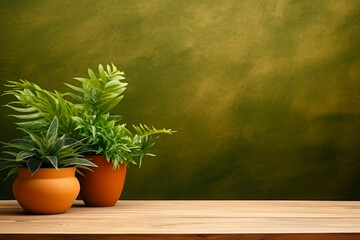 Brown wooden table with potted plants and green background.