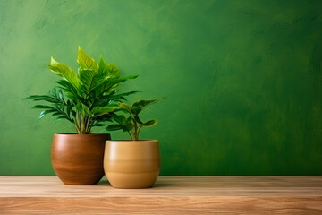 Brown wooden table with potted plants and green background.