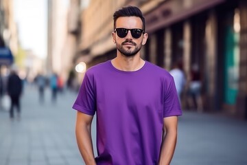 Man In Purple Tshirt On The Street, Mockup. Сoncept Abstract Art Exhibition, Wedding Ceremony, Food Photography, Fashion Editorial