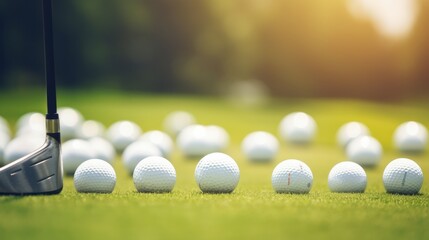 Close-up golf ball on tee with golf drivers at golf course