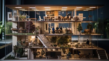 A miniature model of an intricate office building, meticulously crafted with attention to every minute detail
