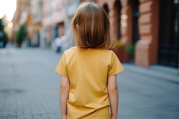 The Little Girl In Gold Tshirt On The Street, Back View, Mockup