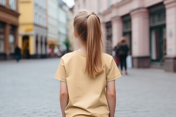Fototapeta premium The Little Girl In Gold Tshirt On The Street, Back View, Mockup