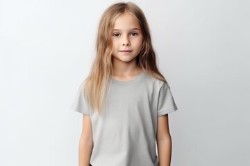 The Little Girl In Light Gray Tshirt On White Background, Mockup