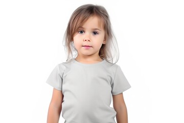 The Little Girl In Light Gray Tshirt On White Background, , Mockup. Сoncept Nature-Inspired Photoshoot, Vintage Style, Candid Moments, Abstract Portraits, Urban Street Photography
